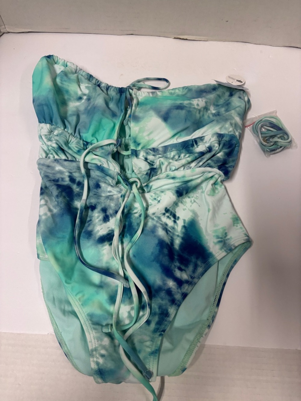 Decree Tie-Dye Strapless Swimsuit in Aqua Teal Blue